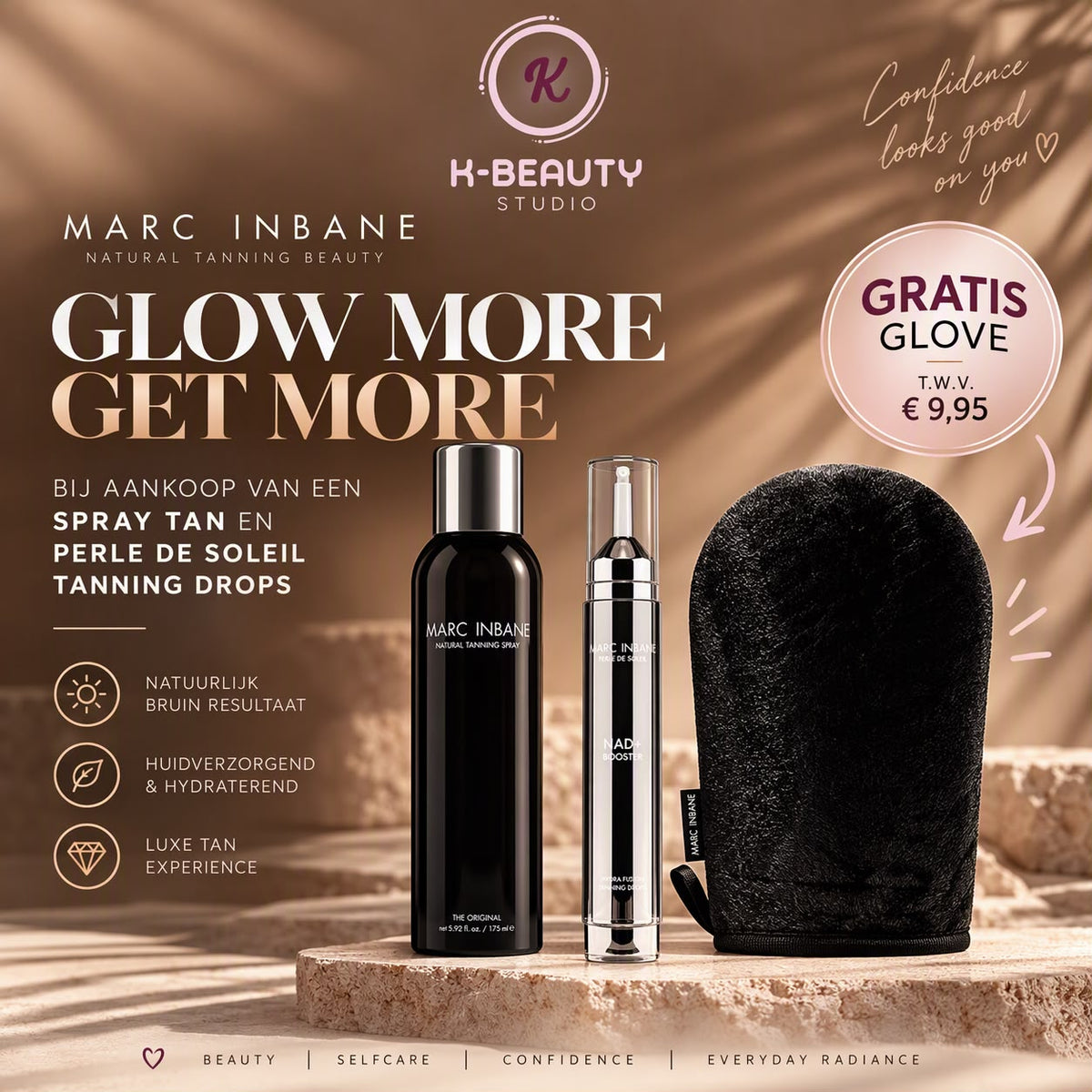 MARC INBANE Body & Face SET Natural Tanning Spray + Perle de Soleil - Tanning Drops NAD+ - 15 ml + GRATIS Glove